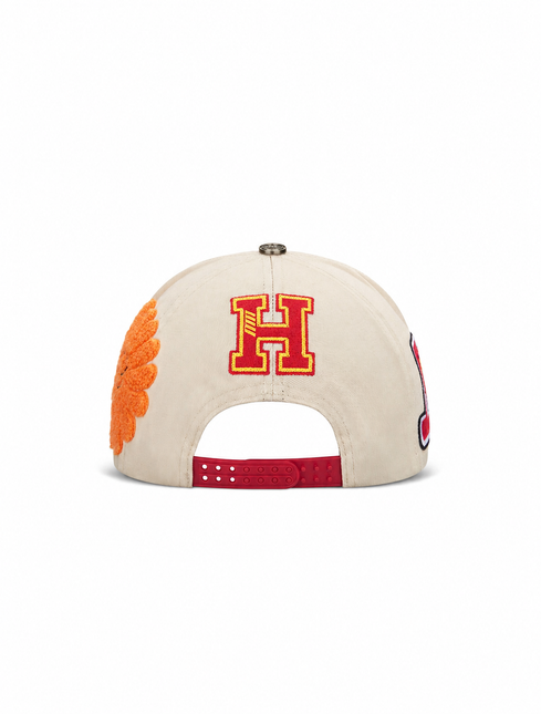 All Human EBT cap back view in cream cotton with a red and yellow embroidered H logo and a red adjustable snapback.