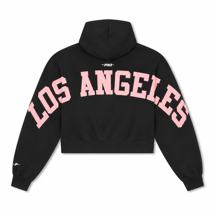 Black cropped Pro Standard Los Angeles Dodgers hoodie featuring bold pink arch lettering and a small logo on the sleeve.