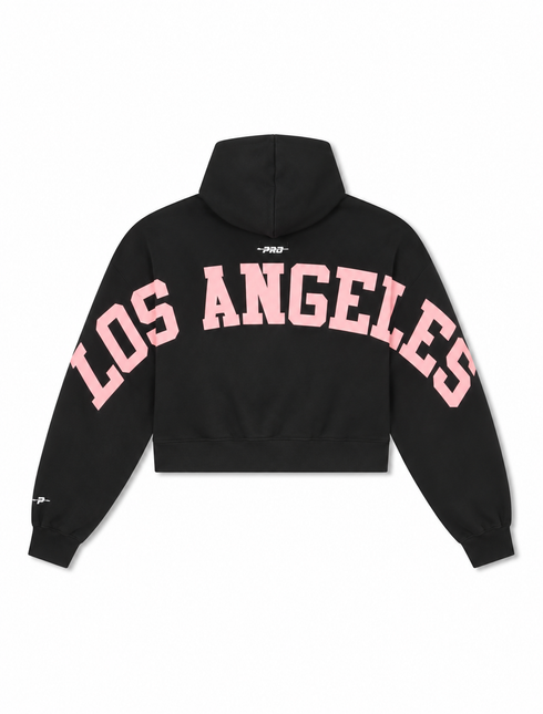 Black cropped Pro Standard Los Angeles Dodgers hoodie featuring bold pink arch lettering and a small logo on the sleeve.