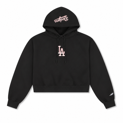 Black cropped Pro Standard LA Dodgers hoodie featuring light pink embroidered logos on the chest and hood.