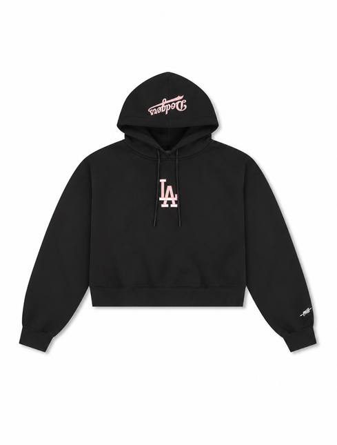 Black cropped Pro Standard LA Dodgers hoodie featuring light pink embroidered logos on the chest and hood.
