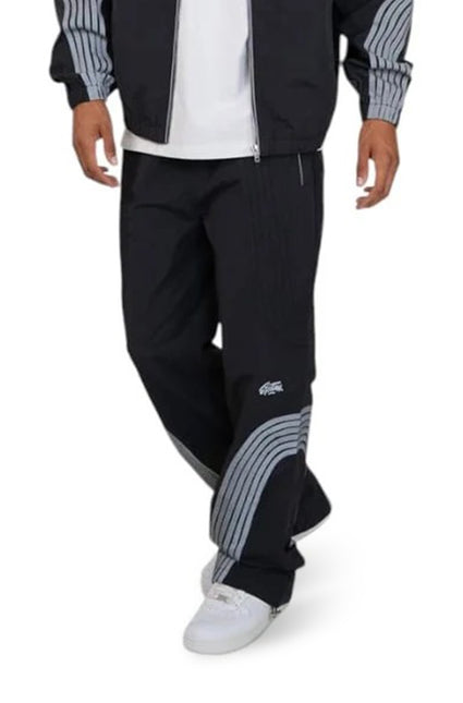 EPTM Revive black track pants featuring grey curved pinstripe accents on the lower legs and a matte nylon finish.