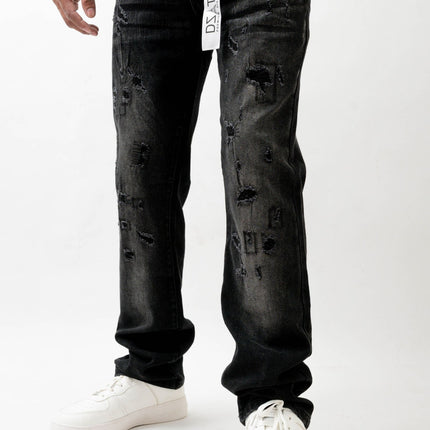 Premium Disaster Super Stretch Straight Fit Denim Jeans - Washed Black