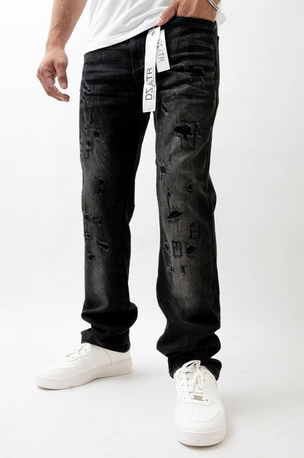 Premium Disaster Super Stretch Straight Fit Denim Jeans - Washed Black