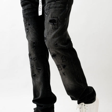 Premium Disaster Super Stretch Straight Fit Denim Jeans - Washed Black