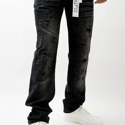 Premium Disaster Super Stretch Straight Fit Denim Jeans - Washed Black
