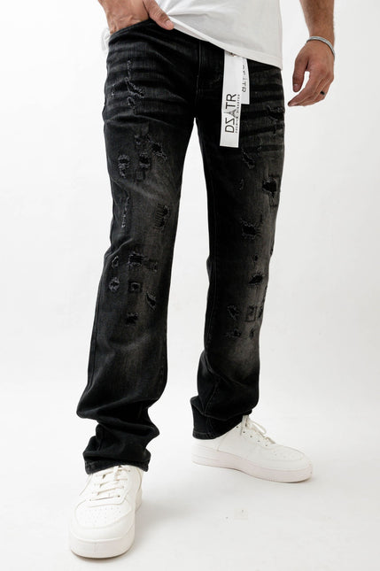 Premium Disaster Super Stretch Straight Fit Denim Jeans - Washed Black