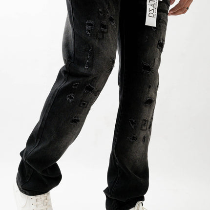 Premium Disaster Super Stretch Straight Fit Denim Jeans - Washed Black