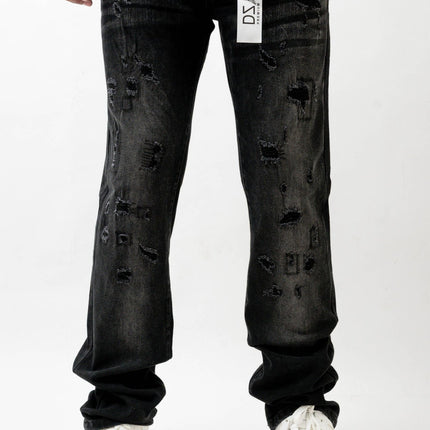 Premium Disaster Super Stretch Straight Fit Denim Jeans - Washed Black