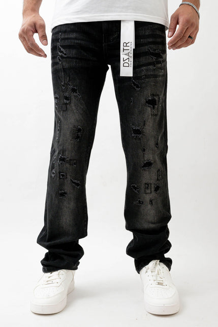 Premium Disaster Super Stretch Straight Fit Denim Jeans - Washed Black