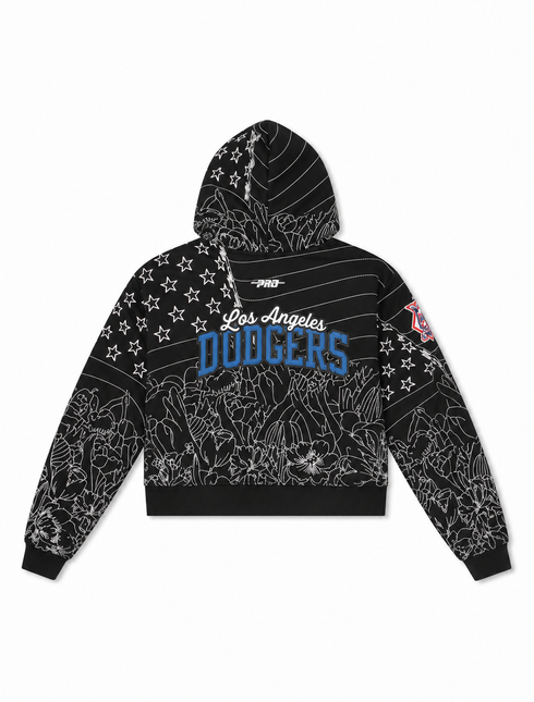 Pro Standard Los Angeles Dodgers women’s black cropped hoodie featuring a white floral and star print graphic design.