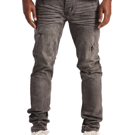 Embellish David skinny jeans in a faded dark charcoal denim with whiskered detailing and distressed knee abrasions.
