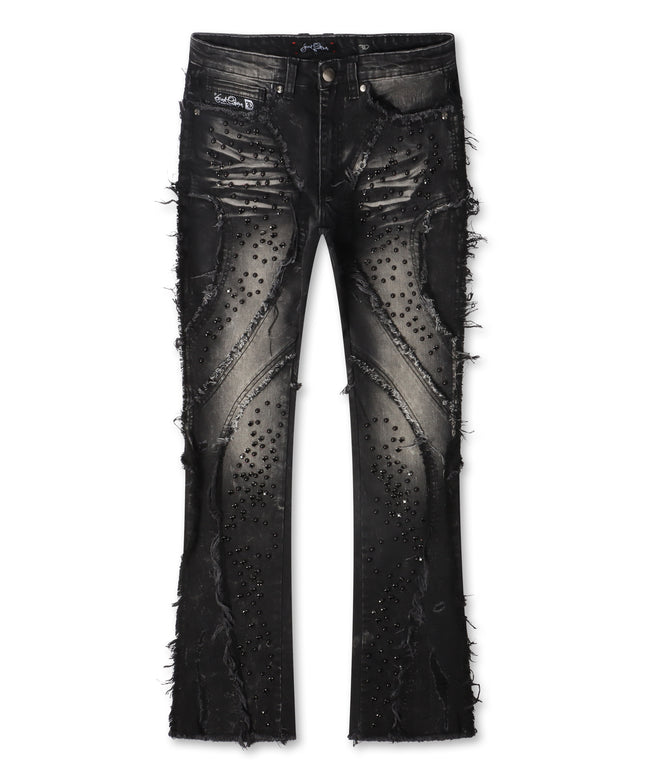 Frost Originals Distressed Rhinestone Stacked Jeans - Black Wash