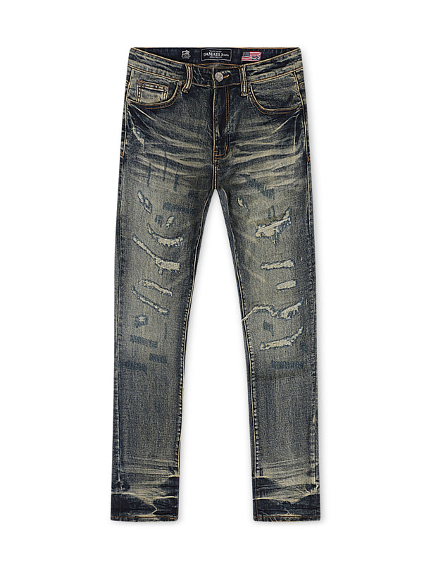 Damati Distressed Slim Fit Jeans - Dirty Blue