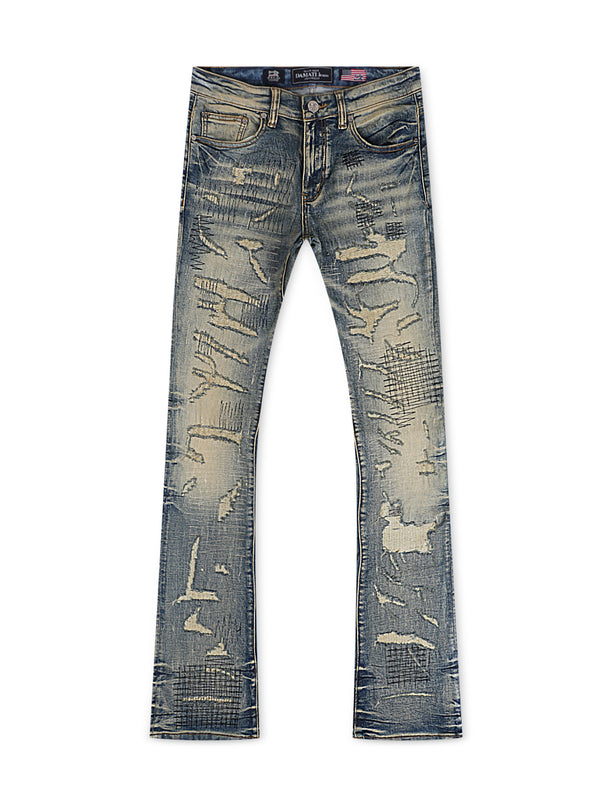 Damati Distressed Stacked Fit Jeans - Vintage Blue