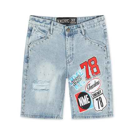N.M.E NYC Highway 78 Stud Denim Shorts - Blue Wash