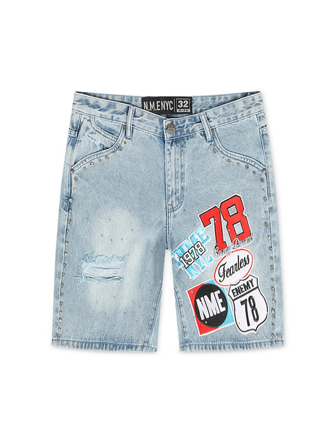 N.M.E NYC Highway 78 Stud Denim Shorts - Blue Wash