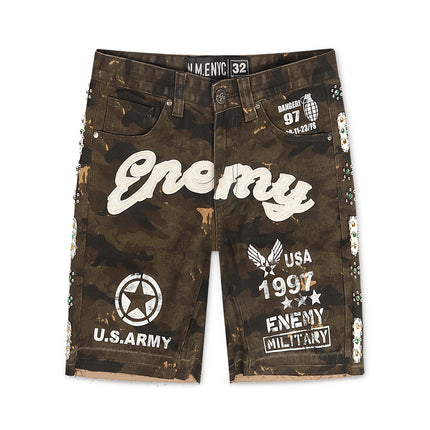 N.M.E NYC Enemy Army '97 Denim Shorts - Camo Wash