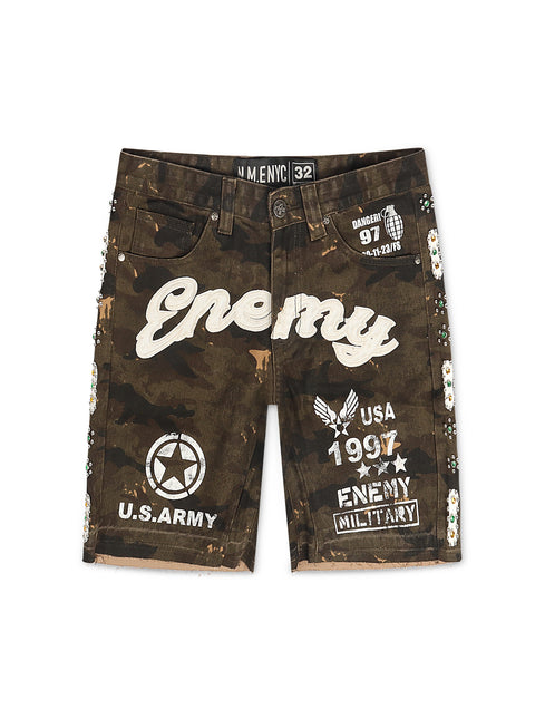 N.M.E NYC Enemy Army '97 Denim Shorts - Camo Wash