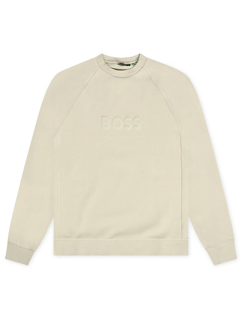 Boss Green Salbo crewneck sweatshirt in light sage featuring a tonal embossed logo on the chest and a soft finish.