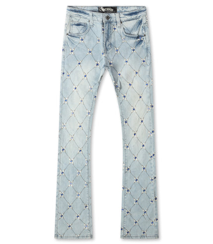 Vicious Denim Diamond Rhinestone Stacked Jeans - Light Blue