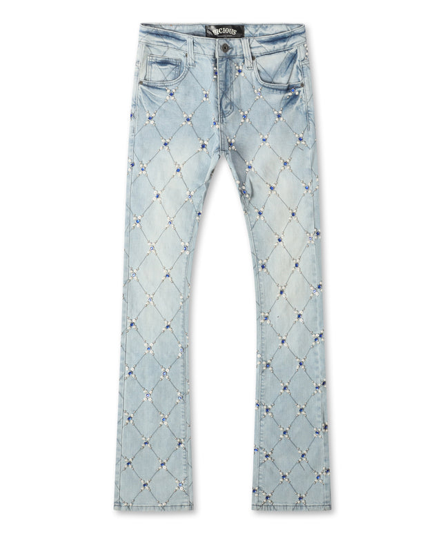 Vicious Denim Diamond Rhinestone Stacked Jeans - Light Blue