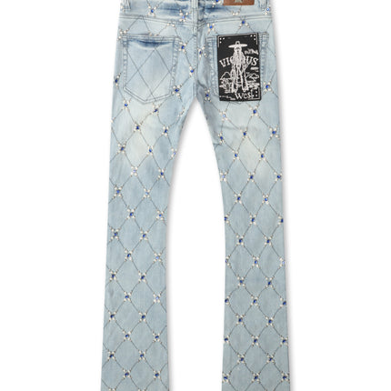 Vicious Denim Diamond Rhinestone Stacked Jeans - Light Blue