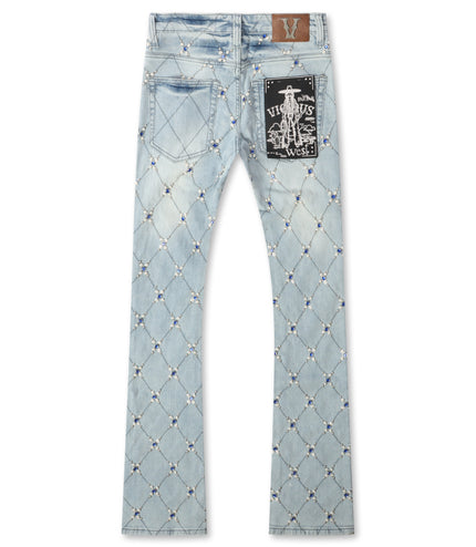 Vicious Denim Diamond Rhinestone Stacked Jeans - Light Blue