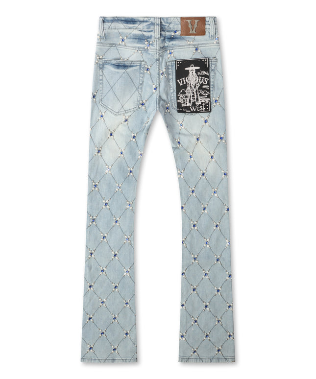 Vicious Denim Diamond Rhinestone Stacked Jeans - Light Blue