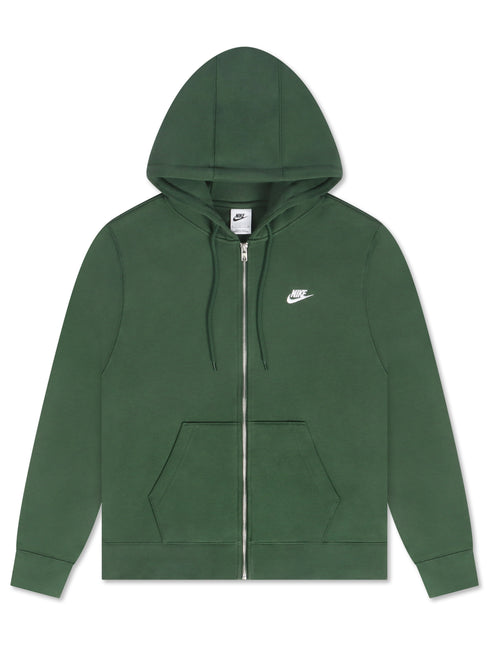 Forest green Nike mens full-zip hoodie featuring a soft fleece finish, silver hardware, and a white chest logo.