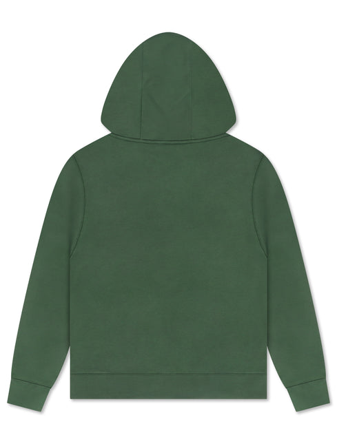 Nike men's full-zip hoodie in forest green featuring a classic hood and soft cotton jersey fabric, back view.