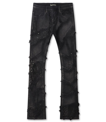 Vicious Denim Exposed Rhinestone Stacked Jeans - Raggy Black