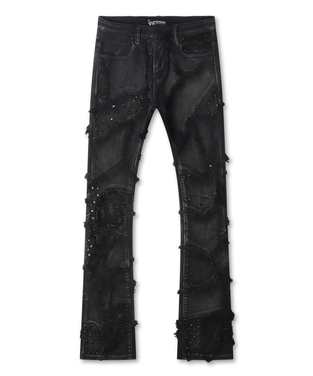 Vicious Denim Exposed Rhinestone Stacked Jeans - Raggy Black