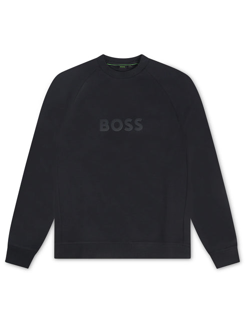 Navy BOSS Salbo crewneck sweatshirt featuring a tonal matte logo on the chest, flat-laid with long raglan sleeves.