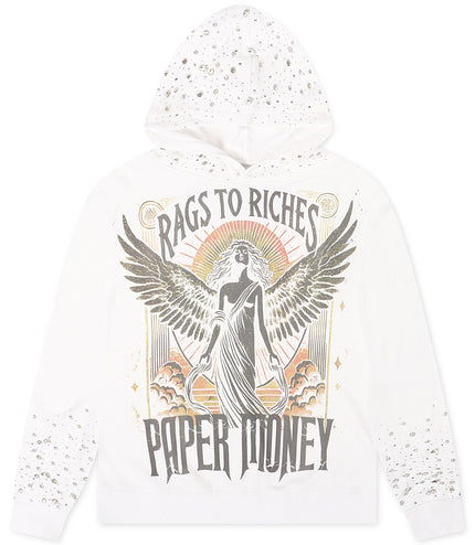 Paper Money Rhinestone Fallen Angels Hoodie - White