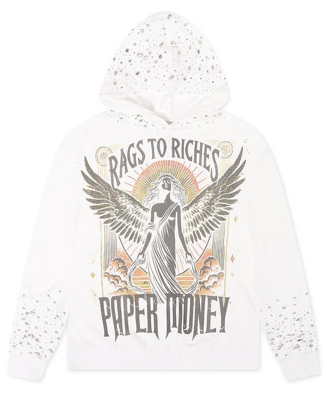 Paper Money Rhinestone Fallen Angels Hoodie - White