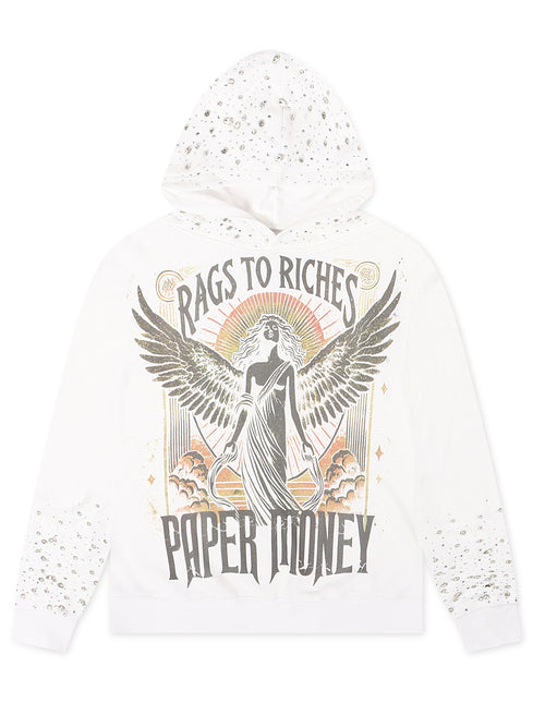 Paper Money Rhinestone Fallen Angels Hoodie - White
