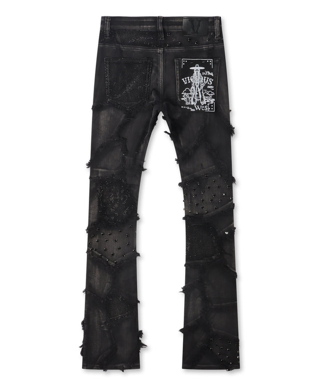 Vicious Denim Exposed Rhinestone Stacked Jeans - Raggy Black