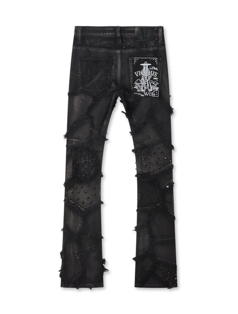 Vicious Denim Exposed Rhinestone Stacked Jeans - Raggy Black