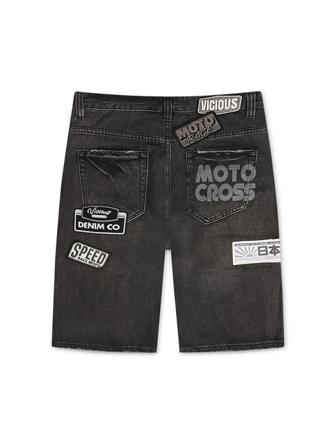 Vicious Denim Patch Shorts - Black
