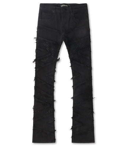 Vicious Denim Ripped Rhinestone Stacked Jeans - Black