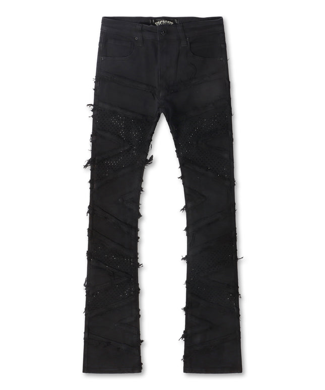 Vicious Denim Ripped Rhinestone Stacked Jeans - Black