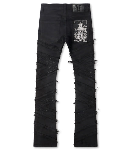 Vicious Denim Ripped Rhinestone Stacked Jeans - Black