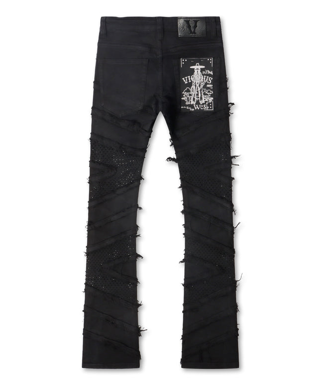 Vicious Denim Ripped Rhinestone Stacked Jeans - Black