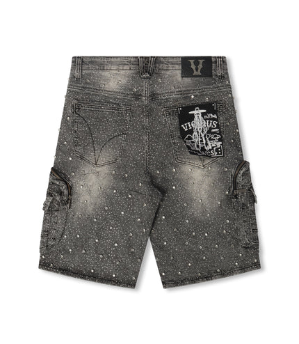 Vicious All Over Rhinestone Shorts - Grey