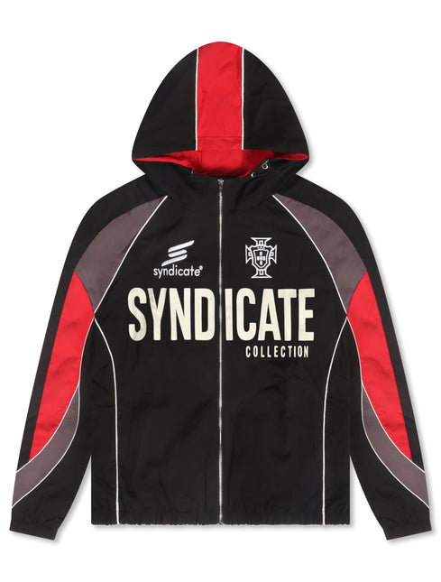Syndicate black nylon tracksuit jacket with red and grey side panels, front zipper, hood, and branded white logo.