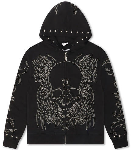 Revenge Tribal Skull Studded Zip-Up - Black/Silver