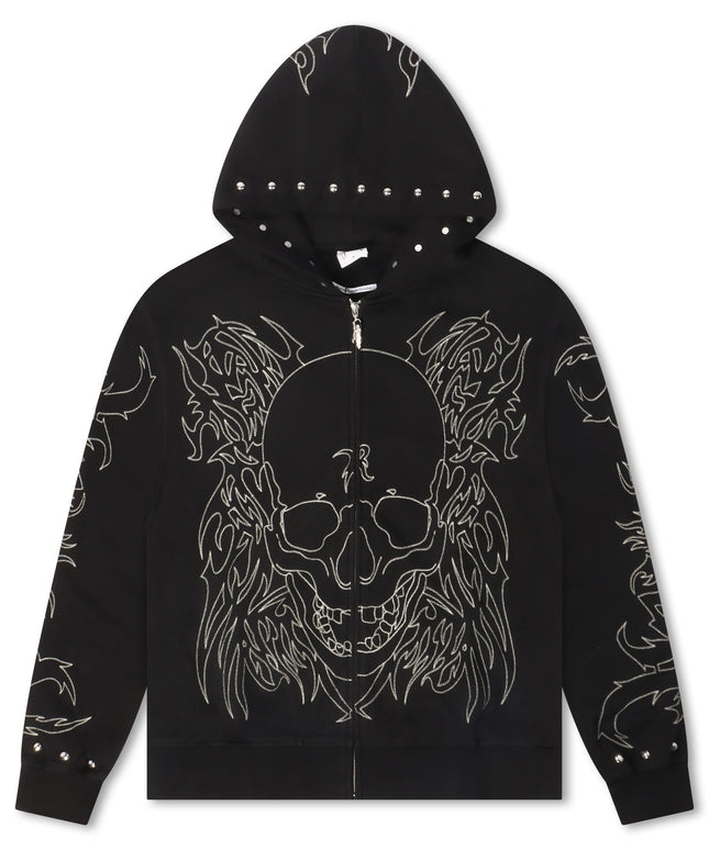 Revenge Tribal Skull Studded Zip-Up - Black/Silver