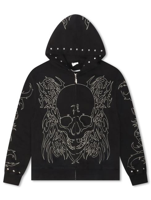 Revenge Tribal Skull Studded Zip-Up - Black/Silver - denim exchange