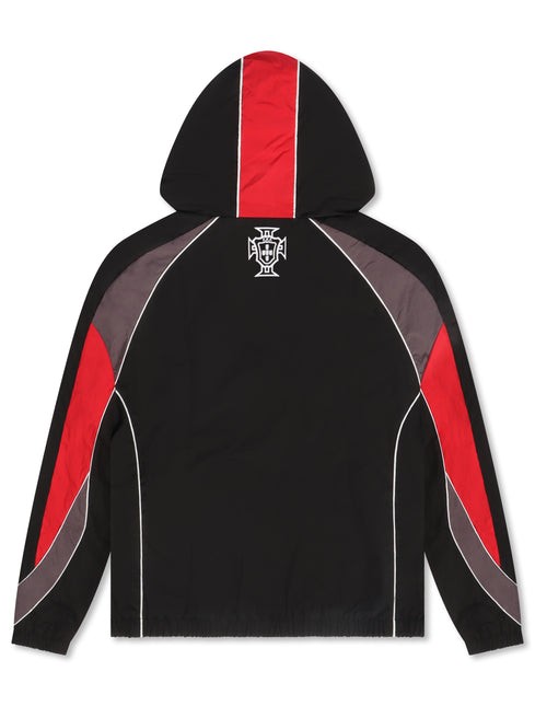 Back view of a black Syndicate nylon tracksuit hooded jacket featuring red panels, grey accents, and a white crest logo.